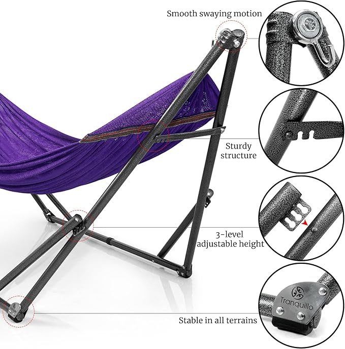 Tranquillo Universal Double Hammock with Stand Included for 2 Persons/Foldable Hammock Stand 600 lbs Capacity Portable Case - Inhouse Outdoor Camping Purple