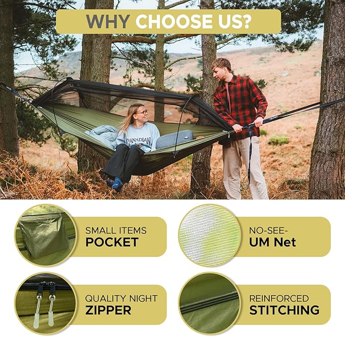Sunyear Camping Hammock Tent - Portable Hammocks with Mosquito Net (Single/Double 500lbs Capacity) - Spacious &amp Anti-Rollover Design with 2 Tree Straps for Hiking Backpacking Indoor/Outdoor Use