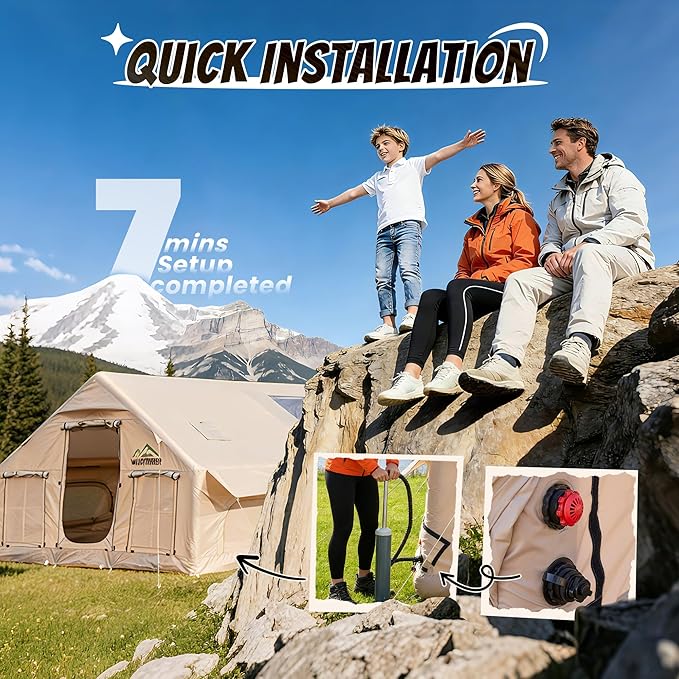 Inflatable Tent with Skylight Quick Setup Blow Up Tents with Pump Hot Tent with Stove Jack Waterproof Oxford Inflatable House for Camping Air Glamping Tents for Camping Adult 4-6 Person
