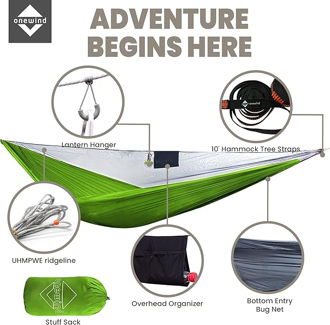Onewind Camping Hammock with Mosquito Net for Youth Travel Hiking Backpacking Backyard Outside Patio Sturdy Ripstop Nylon Lightweight Kids Hammock with Tree Straps and Cinch Buckles