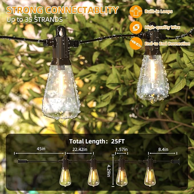 LED Outdoor String Lights 25FT Outside Waterproof Patio Lights with 12+1 Shatterproof ST38 Edison Bulbs 2700K Warm White Hanging Light Dimmable Light for Back Yard Porch Party Gezebo