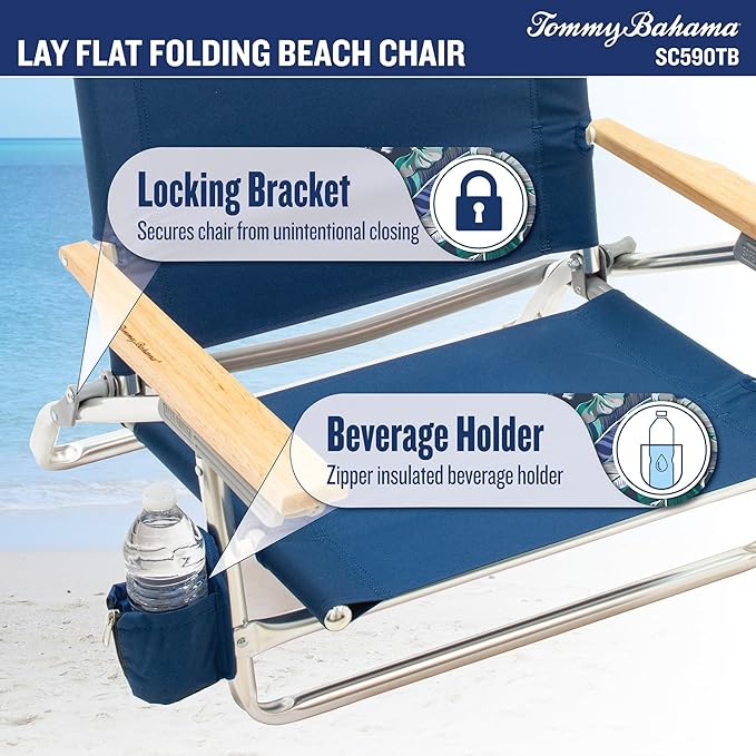 Tommy Bahama 5-Position Lay Flat Cup Holder and Towel Bar Beach Chair