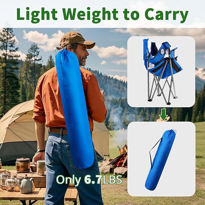 Camabel Folding Camping Chairs Oversized Heavy Duty 400 LBS Sturdy Beach Chair Portable Outdoor Lawn Chairs High Padded Back with Cup Holder Carry Bag for Sporting Hiking Picnics Fishing Concerts Blue