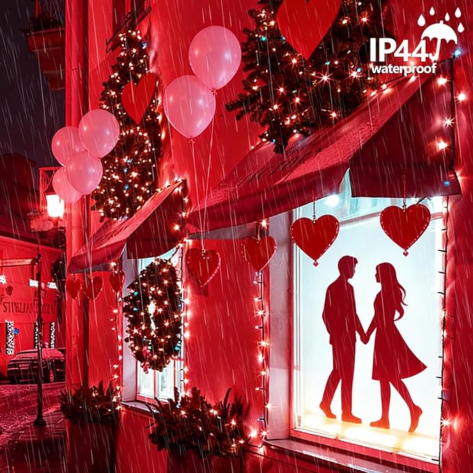 YEGUO Valentine’s Day String Lights Battery Operated 2 Pack Each 33ft 100 LED Red Christmas Lights Outdoor Waterproof Green Wire Fairy Light Indoor with Remote