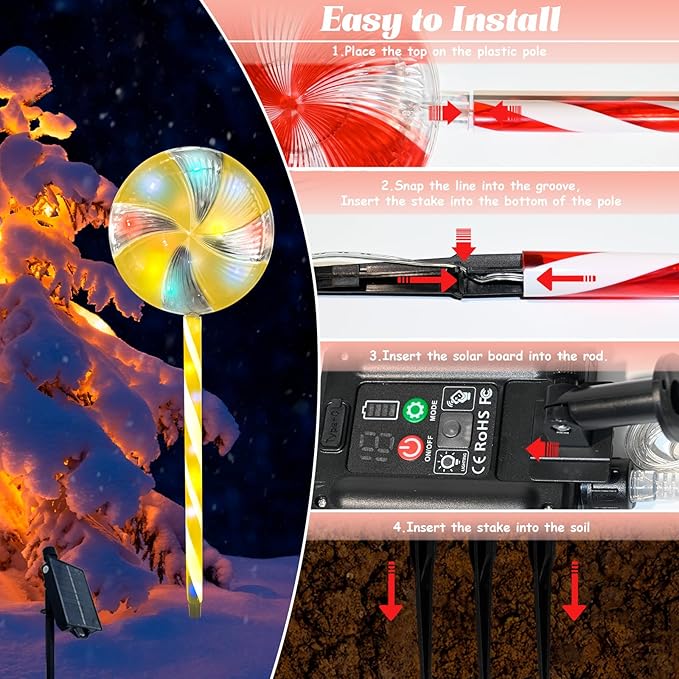 Candy Christmas Decorations Pathway Outdoor Solar Lights 29 inches 80 LED Lighted Lollipop Solar Christmas Lights with 8 Modes Waterproof String Lights Outdoor Lights for Yard Patio Walkway-4PCS