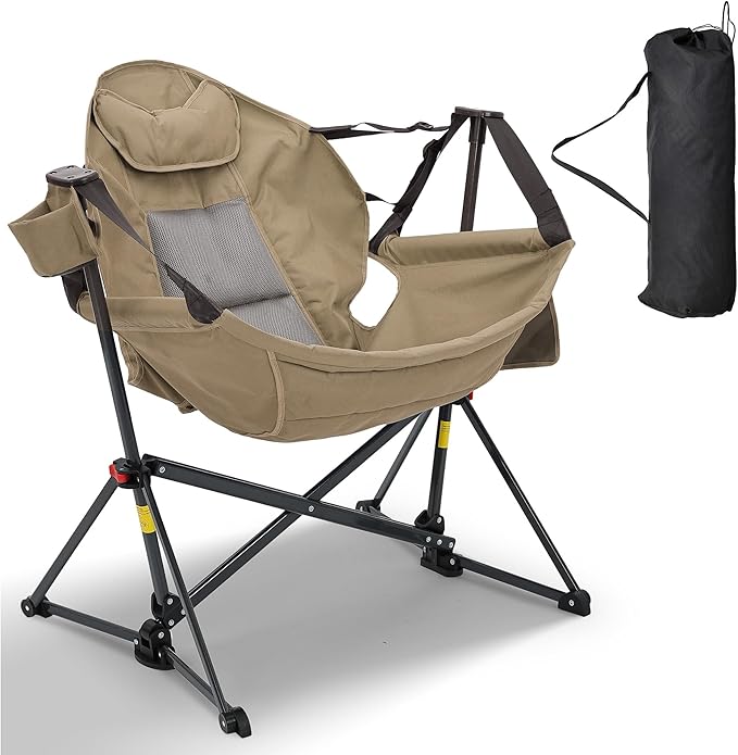 Ainfox Hammock Camping Chair Foldable Portable Rocking Chairs for Adults Outside Swinging Camp with Cup Holder Pillow for Outdoor Patio Poolside (Brown)