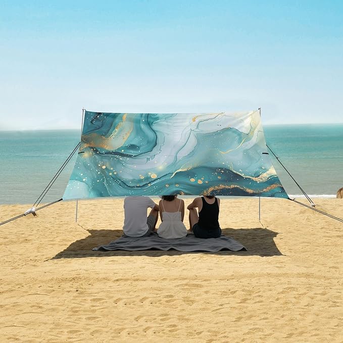 Abstract Turquoise Pattern Beach Tent Sun Shelter 9.2' x 10.5' Beach Canopy with 4 Sandbags 4 Stability Poles Sand Shovels - Tent Canopy for Beach Camping Fishing Picnics