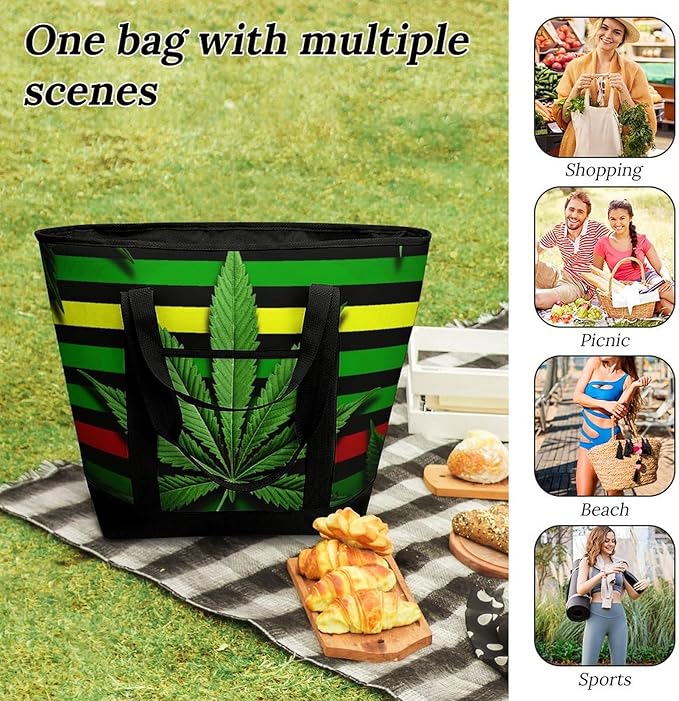 Insulated Shopping BagLarge Reusable Cooler Bags Weed Striped Printed Foldable Shopping BagTravel Waterproof Shoulder Bag