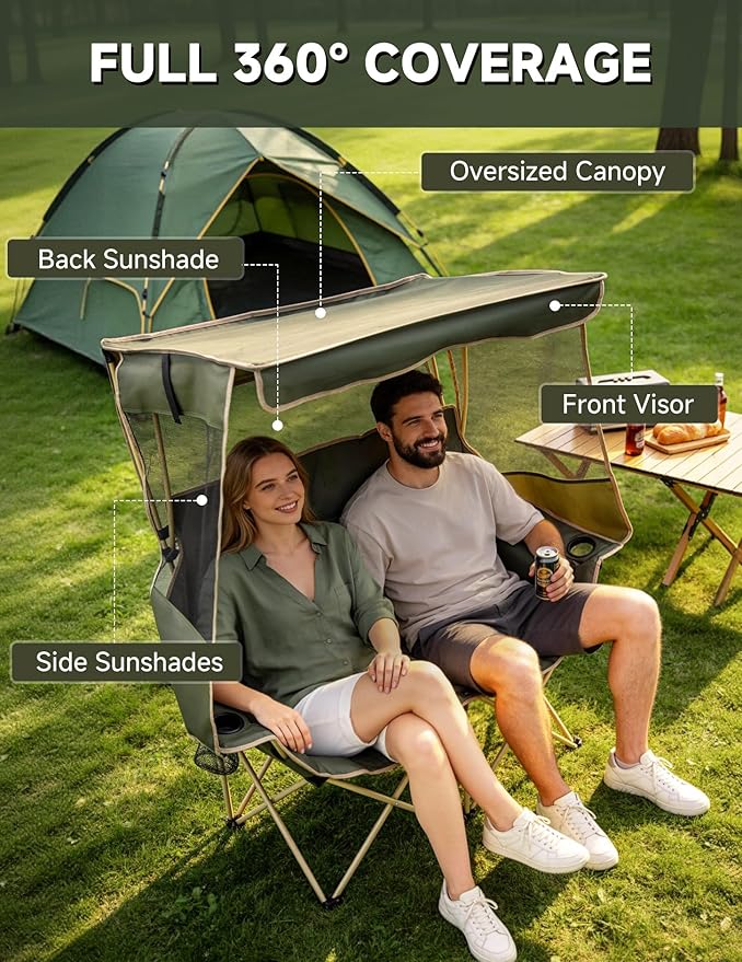 East Oak Double Camping Chair with Canopy | Padded Camping Couch with Maximum Sun Protection 14.7 lbs Lightweight 24'' High Back and 660 LBS Heavy Duty Support