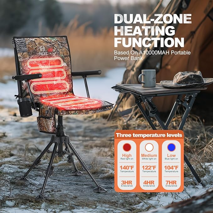 Nice C Heated Swivel Hunting Blind Chair 360 Degree Silent Swivel Chair with Battery Turkey Chairs Strutter Chairs 4 Legs Height Adjustable Power Bank Included Portable Ground Camping