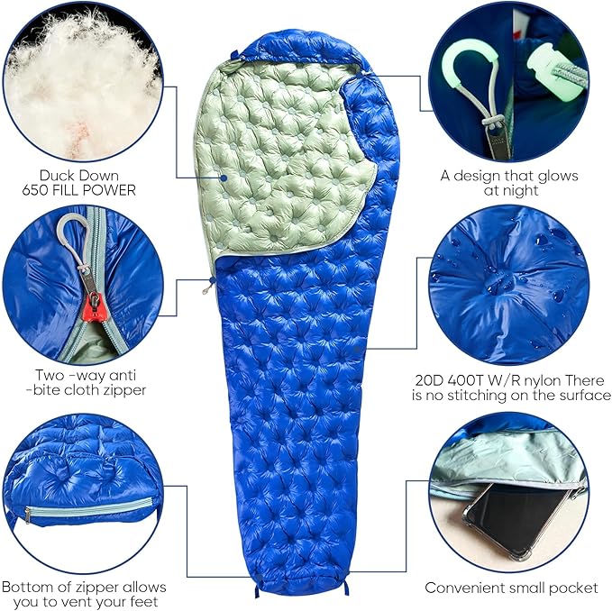 Ultralight Down Sleeping Bag for Adults 1.92lbs 32-55F 650 Fill Down Lightweight Compact Mummy Backpacking Sleeping Bag for Outdoor Camping and Hiking Compressible -MFH500
