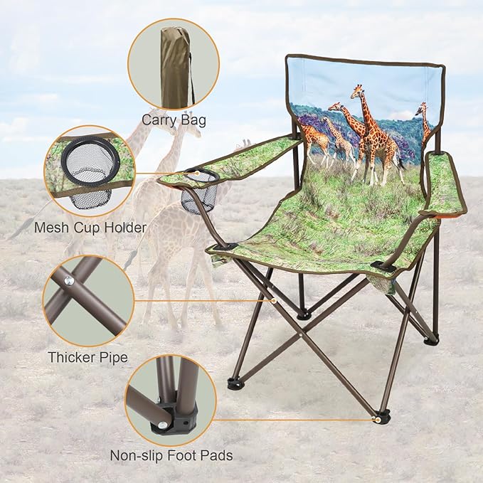 2 Pcs Animal Pattern Camping ChairFolding Backpacking Lightweight Beach Chair w/Cup HolderMesh Side PocketCarry BagPortable Lawn Chair for Adults Family Outdoor PartiesHikingGiraffes