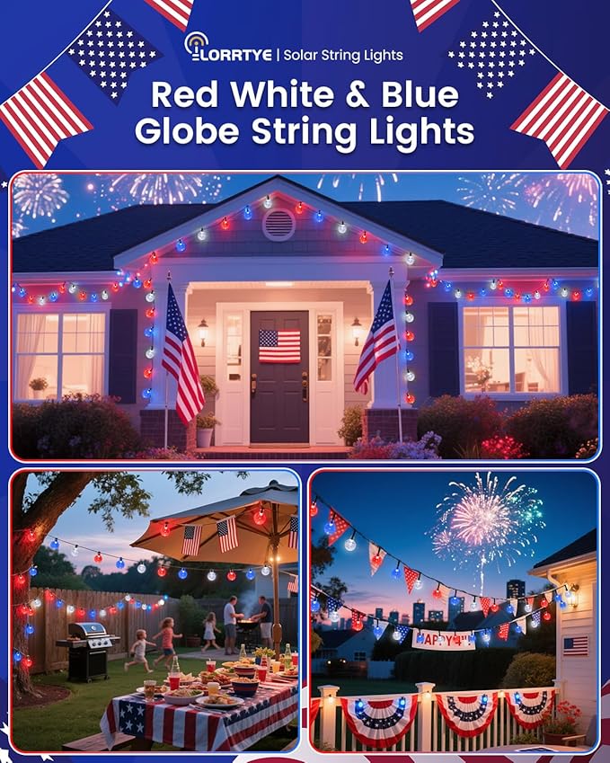 2-Pack Red White and Blue Crystal Globe Solar String Lights Outdoor 64FT 100 LED Waterproof 4th of July Decorations Solar Patriotic Lights 8 Lighting Modes for Memorial Day Independence Day Yard