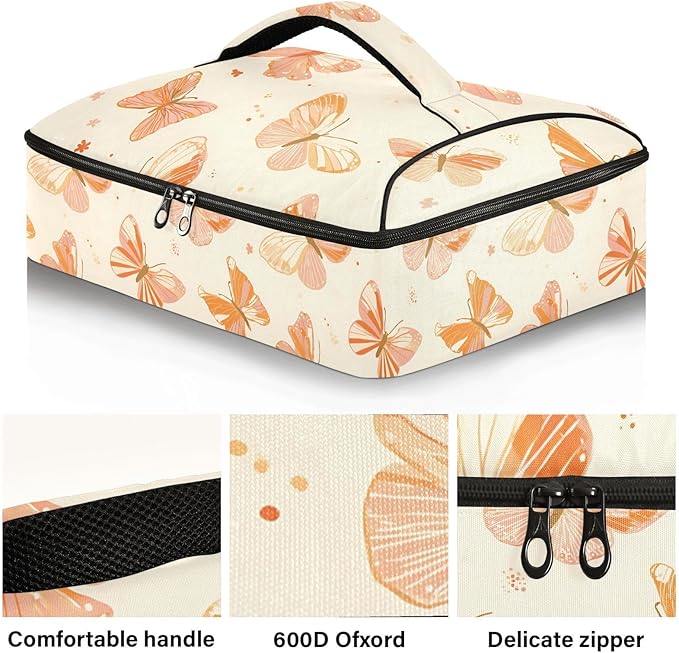 Casserole Carrier Grace Butterflies and Bows PatternInsulated Casserole Carrier for Hot or Cold Food Thermal Lunch Tote for Potluck Parties Picnic Beach Fits 9 x 13 Inches Baking Dish