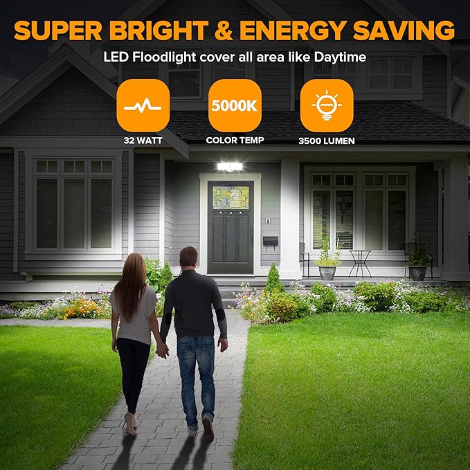 LUTEC 32W 3500LM Integrated Dual-Head LED Flood Light OutdoorSwitch Controlled LED Security Light5000K Wall Mount Exterior Flood LightP65 Waterproof for Garage Yard Patio-White