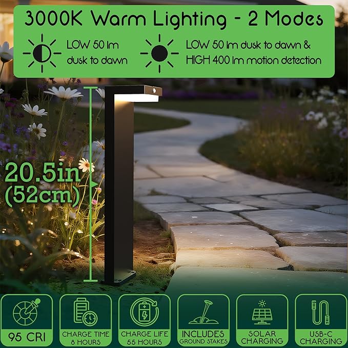 Solar Pathway Lights - Walkway Solar Lights for Outside - PIR Sensor &amp Two Lighting Modes - Rechargeable Battery Lasts Up To 55 Hours - 3000K - IP44 Weather Resistant - 4 Pack - 20.5 Height