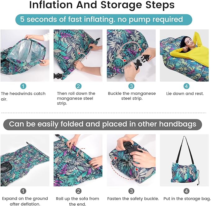 ele ELEOPTION Outdoor Inflatable Camping Couch Waterproof Portable Blow Up Air Sofa Chair Lounger for Backyard Beach Traveling Camping with Compression Sacks (Blue Leaf Print)