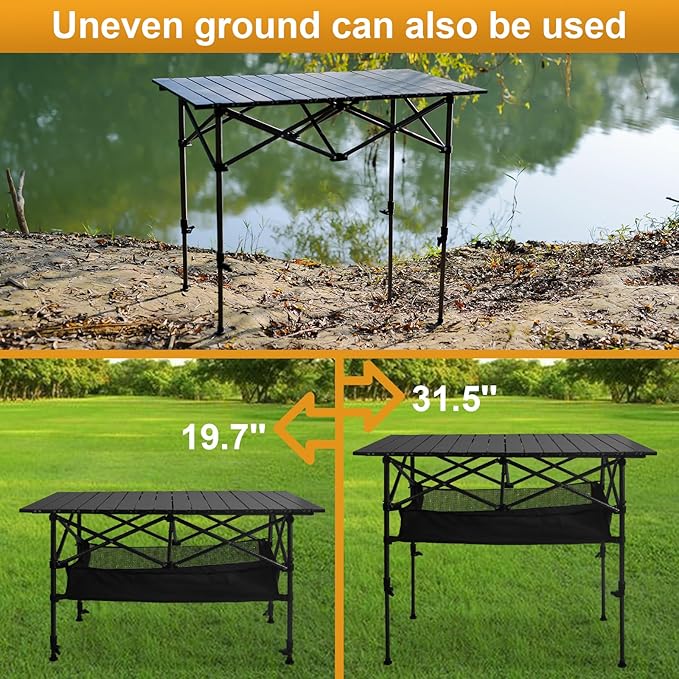 Folding Camping Table Outdoor Roll-up Table Height Adjustable &amp Portable Metal Camp Grill Table for Picnic BBQ Party Backyard Beach Mesh Storage and Carry Bag (Ash Black 47.24'' X-Large)