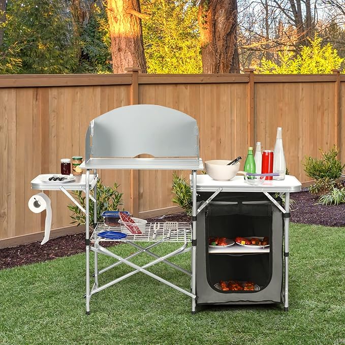 Tangkula Folding Camping Kitchen Table Aluminum Portable Camping Grill Table with Windscreen Cook Station Outdoor Quick Set-up Camp Cook Table with Storage Organizer Shelves Carry Bag