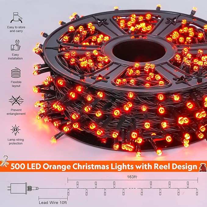 JMEXSUSS 500 LED Orange Christmas Lights Outdoor 173ft Christmas String Lights Plug in Waterproof 8 Modes Orange LED Light for Party House Tree Thanksgiving Xmas Decorations