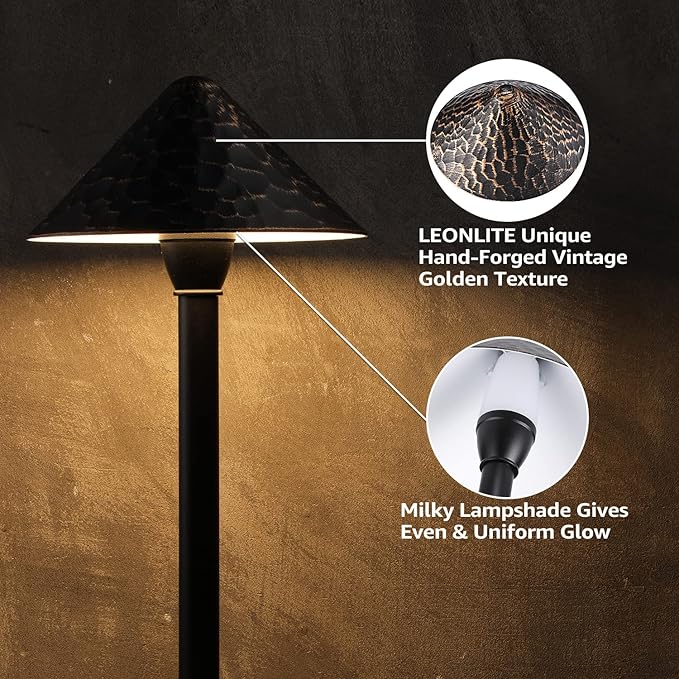 LEONLITE LED Landscape Path Light 3W 147LM 12-24V AC/DC ETL CRI90+ Wired Outdoor LED Walkway Light Unique Vintage Golden Texture Aluminum Construction Low Voltage Pathway Lights 3000K Pack of 4