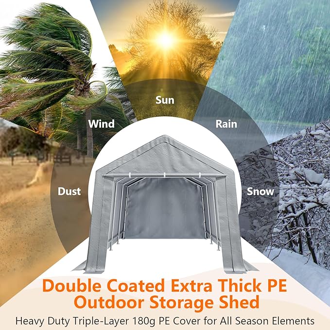 10×20 ft Outdoor Storage Sheds Portable Storage Shelter Shed with Roll up Zipper Doors &amp Vents Waterproof Outside Utility Shed Garage Tent for Motorcycle Bicycles and Camping Tools