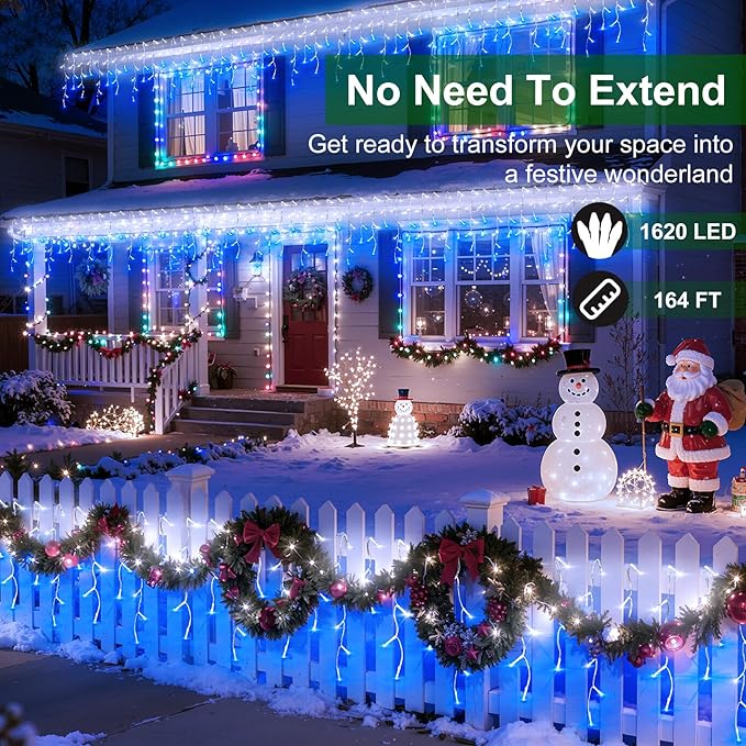 1620 LED Christmas Lights with 360Drops 164ft 12 Modes Blue and White Outdoor String Lights with Timer Dimmable Waterproof Hanging Twinkle Lights for Outside Holiday Wedding Party Eaves Yard Decor