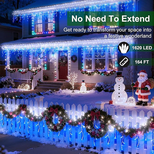 1620 LED Christmas Lights with 360Drops 164ft 12 Modes Blue and White Outdoor String Lights with Timer Dimmable Waterproof Hanging Twinkle Lights for Outside Holiday Wedding Party Eaves Yard Decor