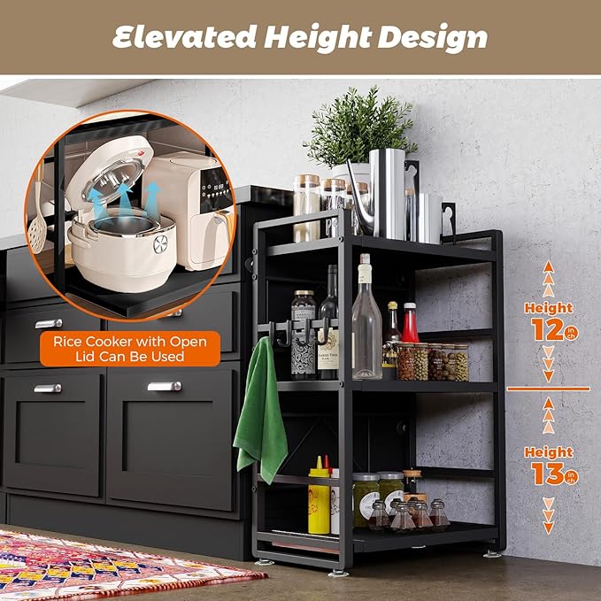 3-Tier Microwave Rack - Height Adjustable &amp Extendable Kitchen Shelf with Drawer - Carbon Steel - Includes Hooks &amp Reinforcement Suction Cups Baker's Rack (Black)