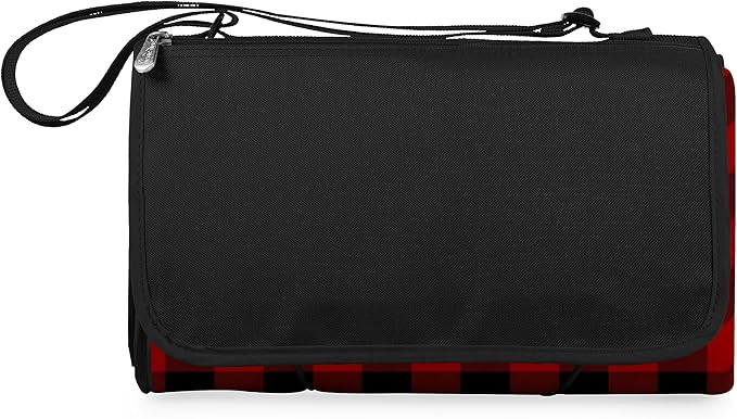 PICNIC TIME Outdoor Picnic Blanket Tote 59x51 Foldable Beach &amp Camping Blanket with Soft Fleece Water-Resistant Bottom Adjustable Strap &amp Zippered Pocket (Red &amp Black Buffalo Plaid)