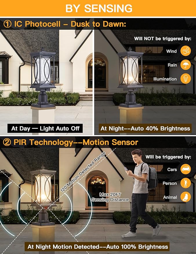 Motion Outdoor Post Lantern Dusk to Dawn Pillar Lamp with 3 Inch Pier Mount Adapter Black Pole Light Aluminum with Crackle Glass Motion Outdoor Post Lights for Patio Yard Garden Pathway