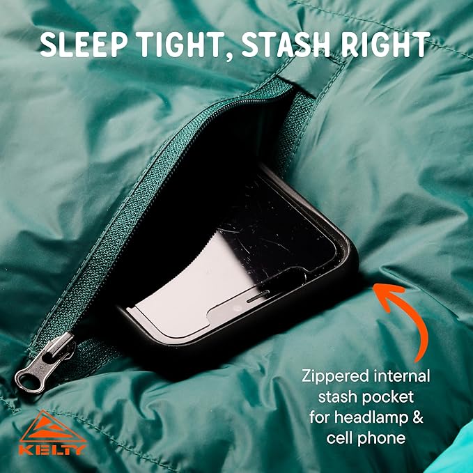 Kelty Cosmic Ultra 20 Degree Sleeping Bag 800 Dridown Premium Thermal Efficiency Soft to Touch Large Footbox Environmental and Health Friendly C0 and PFC-Free DWR Compression Stuff Sack &amp M