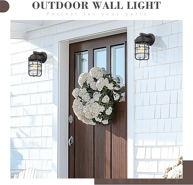 Emliviar Retro Wall Lamp Wall Mounted for House Medium 1-Light Exterior Wall Lighting with Metal Cage Oil Rubbed Bronze with Water Ripple Glass Shade GE255BL ORB-WG