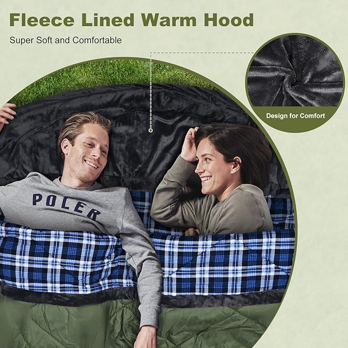 AGEMORE Cotton Flannel Double Sleeping Bag with Fleece Lined Hood Waterproof Queen Size 2 Person Sleeping Bag for Adults Cold Weather Camping Backpacking or Hiking 3-4season