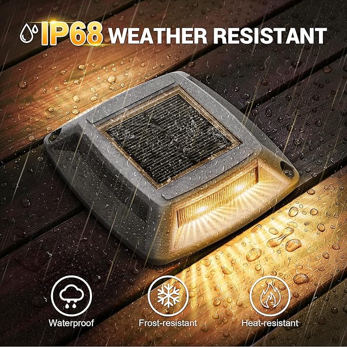 Solar Driveway Lights 10 Pack Solar Powered IP68 Waterproof Dock Lights 4 LED Driveway Markers Deck Light for Dock Pathway Walkway Sidewalk Garden Yard Stair Marine Use (Warm)