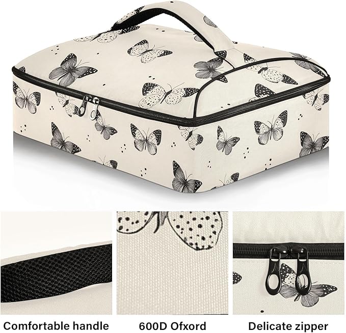 Casserole Carrier Cartoon Black and White ButterflyInsulated Casserole Carrier for Hot or Cold Food Thermal Lunch Tote for Potluck Parties Picnic Beach Fits 9 x 13 Inches Baking Dish