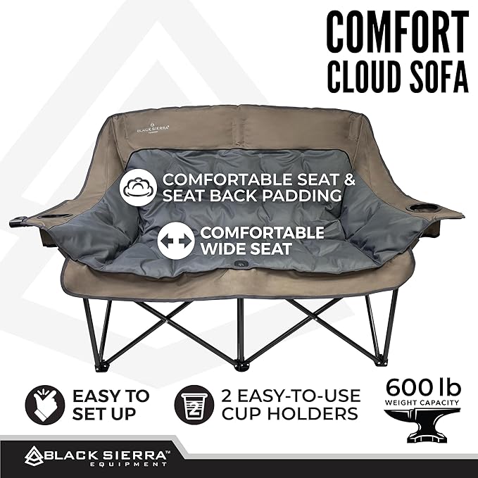 Black Sierra Double Camping Chair for Adults Oversized Folding Loveseat Supports 600 lbs Plush Padded Outdoor Couch with Cup Holders and Carry Bag for Beach Patio RV or Tailgating Events