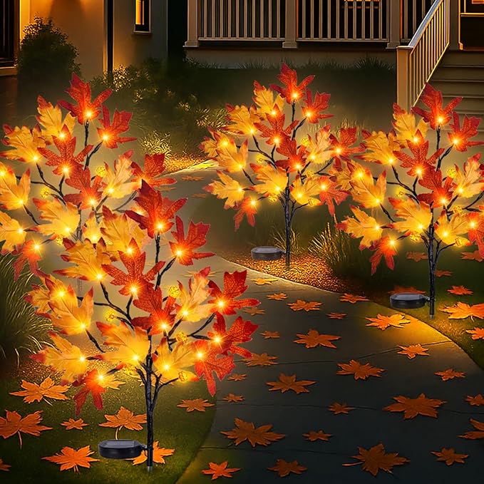 Fall Solar Pathway Lights 4PCS Autumn Outdoor Harvest Decorations Waterproof Maple Leaves Lights for Lawn Yard Garden Patio Walkway Driveway Landscape Lighting Auto On/Off