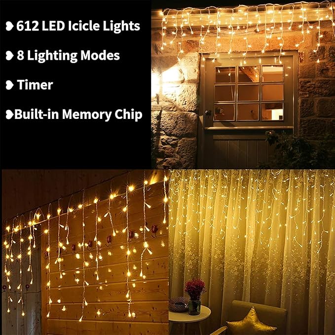 Toodour Christmas Icicle Lights Outdoor 612 LED 50ft 8 Modes Fairy Icicle String Light with 102 Drops Led Christmas Lights Twinkle for Holiday Party Wedding Eaves Xmas Decorations (Warm White)