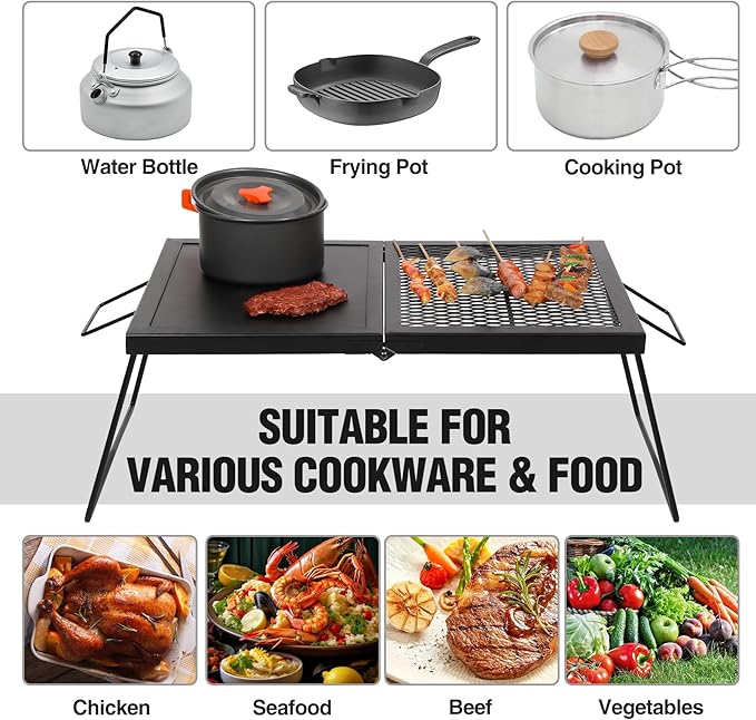 REDCAMP Folding Campfire Grill Heavy Duty Steel Mesh Grate 23.6 Portable Camping Grates Over Fire Pit Campfire Cook Equipment with Legs Carrying Bag Grilling Rack for Outdoor Open Flame Cooking