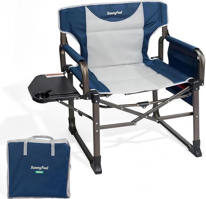SUNNYFEEL Oversized Camping Directors Chair Blue Portable Folding Chair for Adults Support 600lbs with Side Pocket and Side Table for Beach Fishing Trip Picnic Lawn Outdoor Foldable Camp Chairs