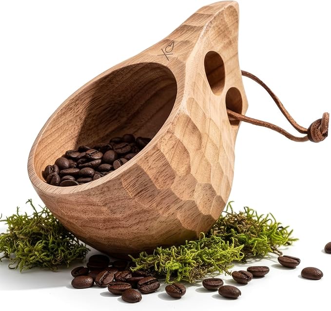 überleben | Kuksa Wooden Cup – Handcarved 8oz Coffee Mug Bowl with Lanyard &amp Carabiner – Lightweight Camping Essentials &amp Traditional Nordic Bushcraft Gear