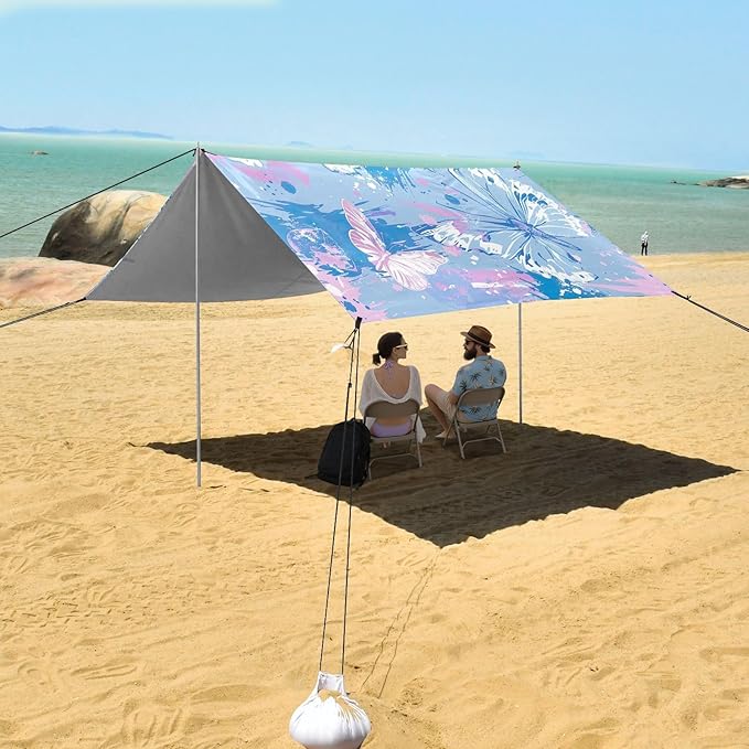 Butterflies Beach Tent Sun Shelter 9.2' x 10.5' Beach Canopy with 4 Sandbags 4 Stability Poles Sand Shovels - Tent Canopy for Beach Camping Fishing Picnics