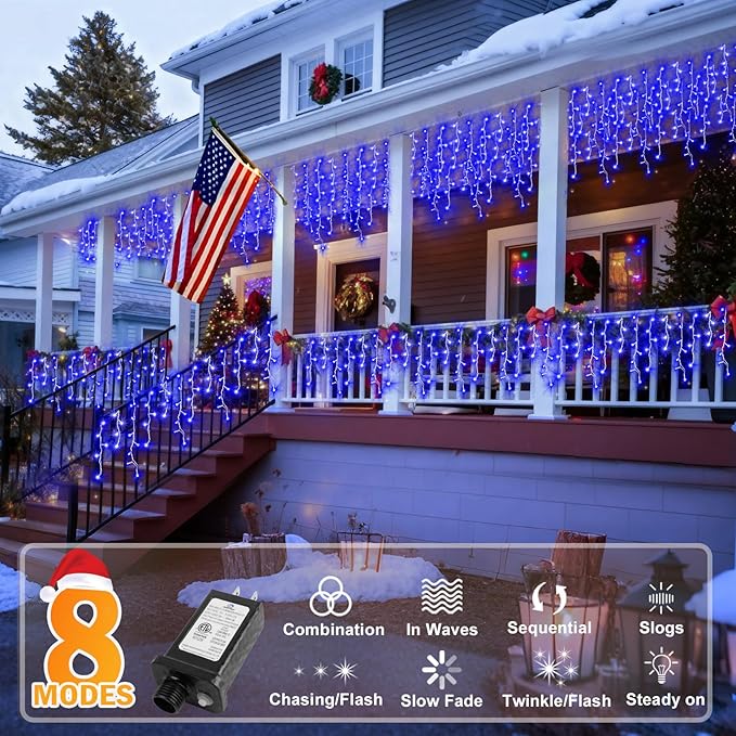 KNONEW Christmas Lights Outdoor Decorations 400 LED 33ft 8 Modes Curtain String Light with 75 Drops Clear Wire LED Fairy Light Indoor Decor for Wedding Party Christmas Decorations(Blue)