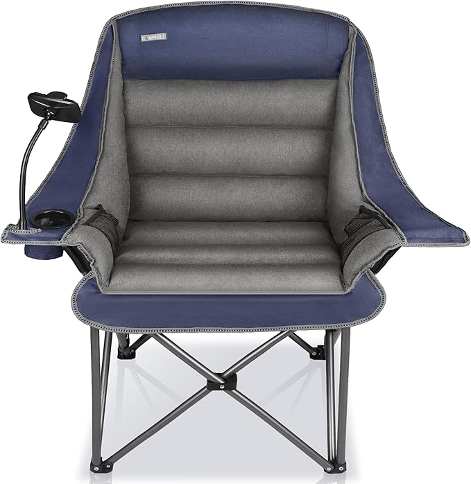 Camping Chairs for Adults-Oversized Extra Large Lawn ChairFolding Comfy Padded Chair w/Phone HolderSide PocketCup Holder for OutdoorWide&ampThickHeavy Duty 400LbsBlue