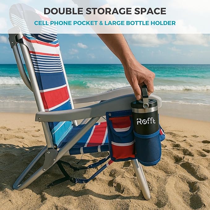 Heavy Duty Beach Chair 6 Positions Reclining for Adults Folding Lightweight with Backpack Straps Cooler Cup Holders Big Storage Pillow and Towel bar Lay Flat Position