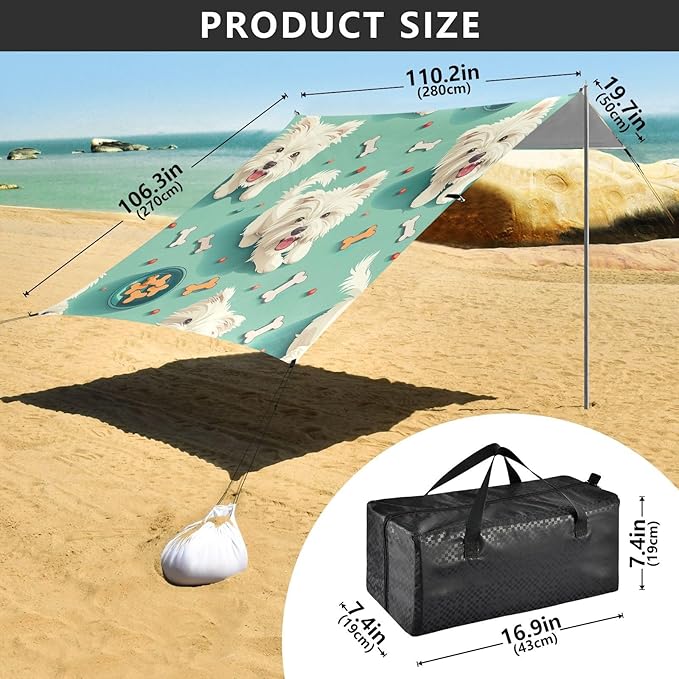 West Highland Terrier Beach Tent Sun Shelter 9.2' x 10.5' Beach Canopy with 4 Sandbags 4 Stability Poles Sand Shovels - Tent Canopy for Beach Camping Fishing Picnics