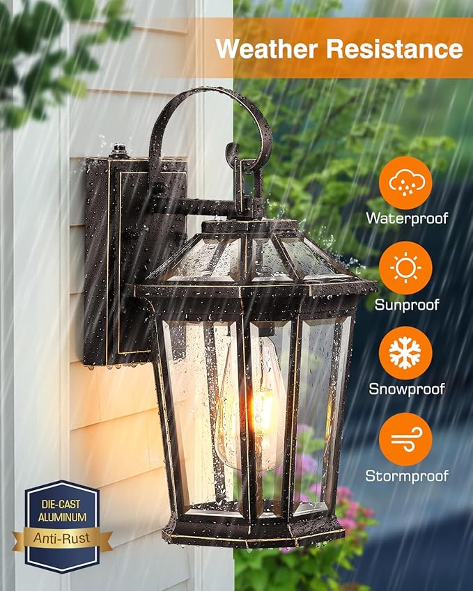 VIANIS Outdoor Wall Light Fixtures Aluminum Dusk to Dawn Outdoor Lighting with Tempered Glass Weatherproof Exterior Lighting Fixtures Oil-Rubbed Bronze Gold Trim Front Porch Light for Door Patio