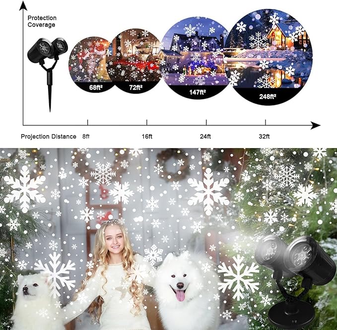 Christmas Snowflake Projector Lights Outdoor - Double Head Dynamic Snowflake Projector Lights with Waterproof Holiday Decorative Lighting for Indoor Outdoor Xmas Party Yard Wall Decor