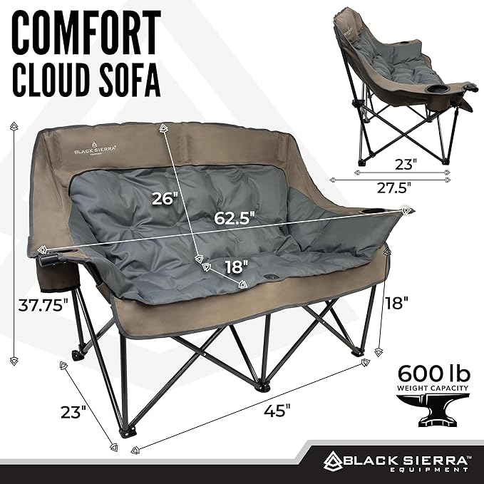 Black Sierra Double Camping Chair for Adults Oversized Folding Loveseat Supports 600 lbs Plush Padded Outdoor Couch with Cup Holders and Carry Bag for Beach Patio RV or Tailgating Events